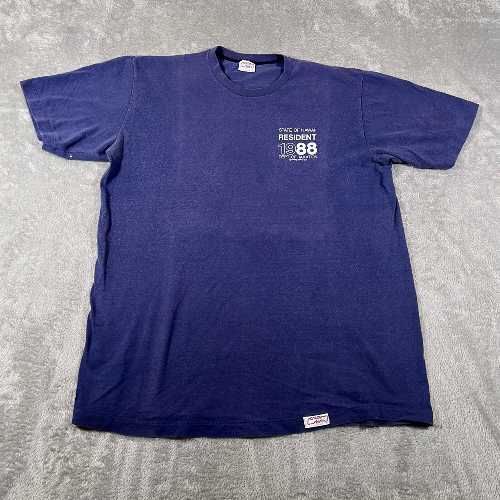 Vtg Crazy Shirts T-Shirt Adult Large Blue Hawaii Resident 1988 Dept Taxation USA